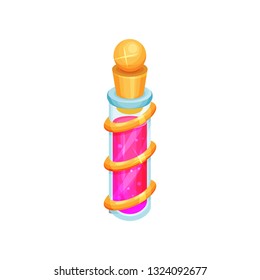 Potion in cylindrical glass bottle with golden lid. Bright pink liquid. Magic love elixir. Flat vector icon