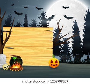 Potion in front of wooden board with full moon background