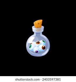Potion glass bottle with eyeballs inside on dark background. Scary magical bulb flask with eyes. Game ui asset. Cartoon vector illustration.