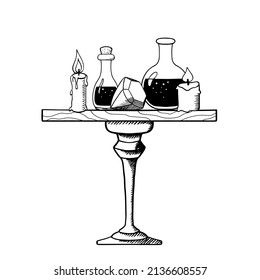 Potion glass bottles and candles on the table. Vintage sketch. Alchemist magic lab with elixir, love potion, crystal. Isolated vector illustration