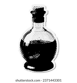 Potion in a glass flask- Halloween halftone mixed media collage paper sticker. Dotted Vintage illustration in 90s zine Paper piece style.