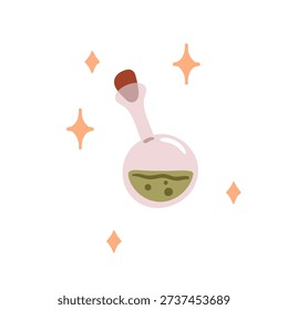 Potion in glass flask. Magic mystical green liquid in vial, chemical bottle. Alchemy fluid jar. Elixir, fairytale chemistry acid for sorcery. Flat vector illustration isolated on white background