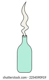 Poción en una botella verde. Los vapores blancos salen del vial de vidrio. Ilustración del vector de color. Estilo de caricatura. Fondo aislado. Bebida mágica en un frasco