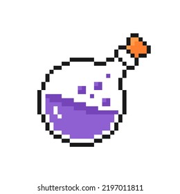 Potion Halloween Icon In Pixel Art Design Isolated On White Background, Poison Cartoon Bottle Vector Sign Symbol.