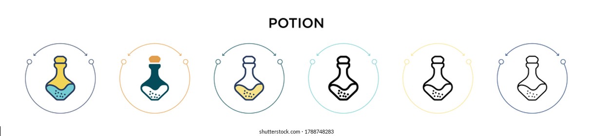 Potion icon in filled, thin line, outline and stroke style. Vector illustration of two colored and black potion vector icons designs can be used for mobile, ui, web