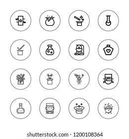 Potion icon set. collection of 16 outline potion icons with cauldron, magic, magician icons.
