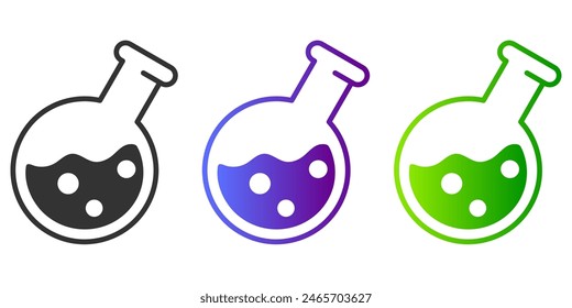 Potion icon set. Color flask vector sign. Poison symbol. Glass with liquid chemical pictogram. Magic drink illustration.