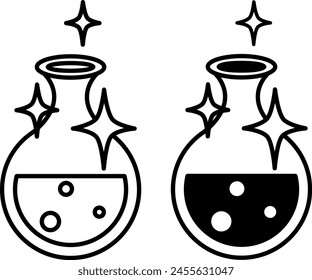 Potion icons. Black and White Vector Icons of Bottles with Magic Elixir for Video Games. Computer Games Concept