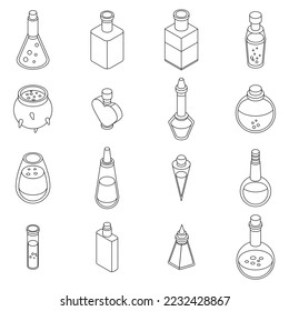 Potion icons set. Isometric set of potion vector icons outline vector on white background