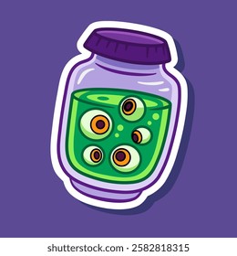 Potion jar cartoon illustration sticker. Vector Halloween decoration element. Halloween-themed element