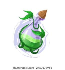 Poción de vida. Ilustración vectorial. La planta envuelve el matraz.