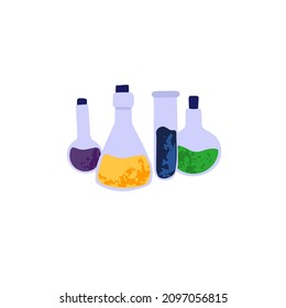 Líquidos de poción en tubos de vidrio, frascos, beakers. Fluidos mágicos, esencias venenosas, elixires químicos y sustancias. Vidrio alquimista. Ilustración vectorial gráfica plana coloreada aislada en fondo blanco