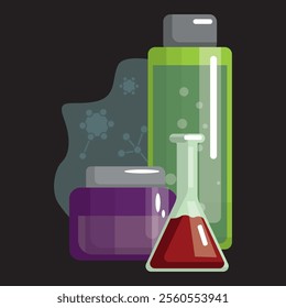 Potion liquids in glass tubes, flasks, beakers. Magic fluids, poison essences, chemical elixirs and substances. Alchemy glassware. Colored flat graphic vector illustration isolated on white background