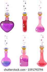 Potion of love vector illustration of witch magic elixir or alchemist poison. Glass jars and magician flasks with colorful liquid, vector set isolated, flat style