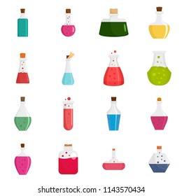 Potion magic bottle icons set. Flat illustration of 16 potion magic bottle vector icons isolated on white