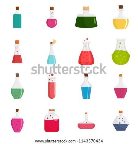 Potion magic bottle icons set. Flat illustration of 16 potion magic bottle vector icons isolated on white