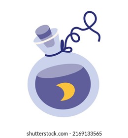 Potion magic elixir bottle with moon, cartoon style. Glass bottle with sleeping liquid. Trendy modern vector illustration, hand drawn, flat design.  