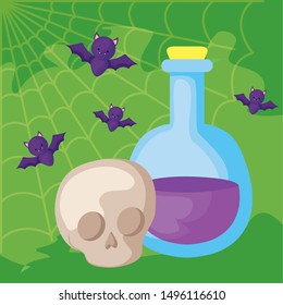 potion magic of halloween with skull and bats flying