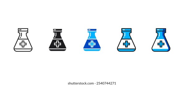 Potion ícone médico em vários estilos, representando cura, medicina e cuidados de saúde. Ideal para aplicativos, jogos, farmácia e projetos de bem-estar. Inclui opções de contorno e cores.