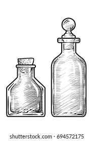 Potion, medicine bottle illustration, drawing, engraving, ink, line art, vector