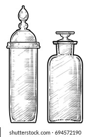 Potion, medicine bottle illustration, drawing, engraving, ink, line art, vector