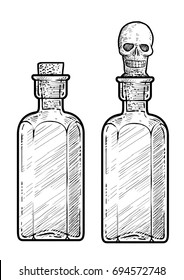 Potion, medicine bottle illustration, drawing, engraving, ink, line art, vector