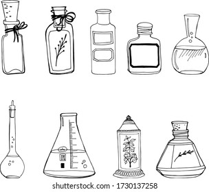 Potion, Medicine, Elixir, Extracts, Essential Oil, Medicine Bottle Illustration, Drawing, Engraving, Ink Line Vector Antique Vintage Liquid Filled Bottles