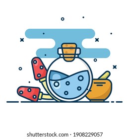 Potion and mushrooms vector illustration. Potion concept isolated on white background. Suitable for banner, icon, web landing page and more.