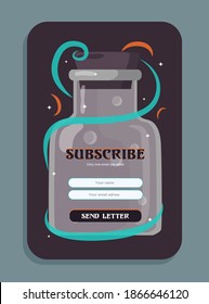 Potion newsletter design. Bottle with witchcraft drink vector illustrations with send letter button, boxes for name and email address. Witchery and Halloween concept for subscription letter design