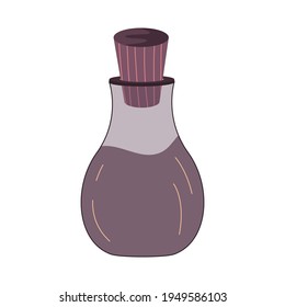 The potion in palmistry bottle is isolated on white background. Flat illustration with lines. Esoteric vector. Vector hand drawing. A mystical drawing. Isolated illustration.