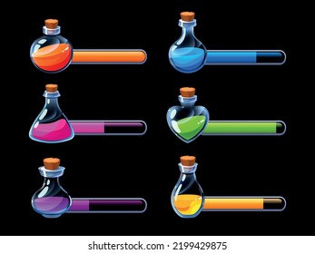 Barra de progreso de posición. Videolitos de vida activo gráfico, caricatura contenedor de intoxicación fuente de energía de la salud para el menú de videojuegos móvil. Conjunto de vectores. Líquido brillante tóxico en recipientes de vidrio