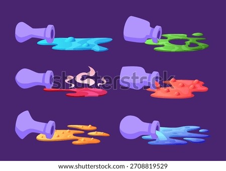 Potion. Puddles from spilled toxic potion different colors magic dangerous bottles of witch exact vector cartoon template