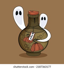 Potion with pumpkin. Halloween. Ghosts brew a magical substance. Vector illustration for a postcard for All Saints' Day. Trick with a treat.