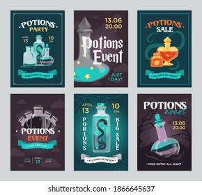 Potion sale flyers set. Magic bottles with witchcraft drinks or poisons vector illustrations with text. Witchery and Halloween concept for posters or invitation cards design