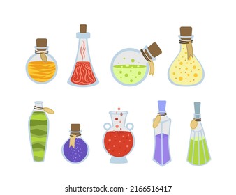 Potion. Set of colorful bottles of potion. Cartoon, flat. Isolated vector illustration eps