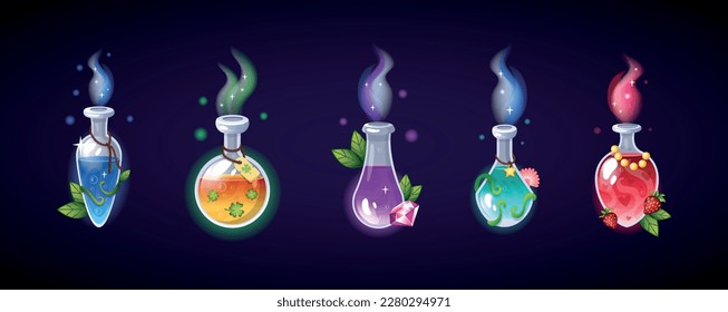 Conjunto de paja, botellas de bruja envenenadas, elementos decorativos de halloween. Bebidas de vidrio de ciencia de medicina de época, bebida química mágica. Sustancia líquida en frascos. Ilustración de vectores de suerte y amor