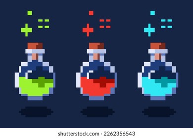 Potion spell game item pixel art style 3 variations, perfect for stickers and decorations