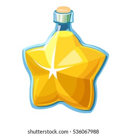 Potion in star-shaped bottle, Yellos  glossy star-shaped bottle of experience potion. potion. Elixir of experience in glass bottle with bung. Star mixture, Game design icon. Magic potion for game
