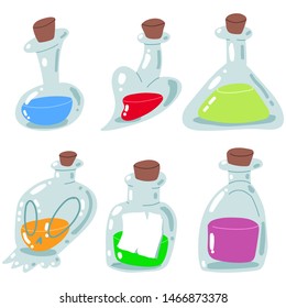 Potion vial bottle vector cartoon set isolated on a white background.