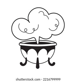 Potion witch magic cauldron, black outline style. Trendy vector line art illustration isolated on white background. Halloween item