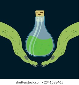 La poción en las manos de la bruja. Poción verde de botellas. Ilustración vectorial. Los dedos largos con las uñas verdes afiladas.