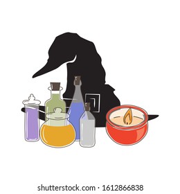 potions bottles, candle and witch hat, vector