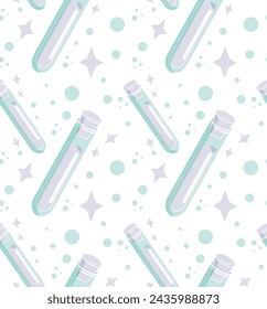 Potions in a glass flask with stars and circles around. Hand-drawn magical attributes. Seamless vector pattern for backgrounds and prints.