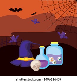 potions magic with icons in scene halloween