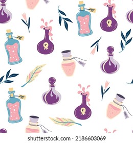 Potions seamless pattern. Design for Halloween, invitation cards, greeting cards, printing, textile, wallpaper. Vector hand draw illustration isolated on the white background.