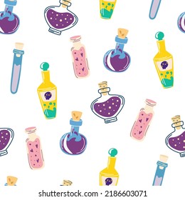 Potions seamless pattern. Design for Halloween, invitation cards, greeting cards, printing, textile, wallpaper. Vector hand draw illustration isolated on the white background.