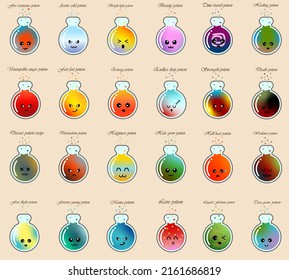 Potions set. Halloween icons. Vector fantasy and fairy tales objects set