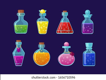 Potions vector cartoon illustrations set. Magic drinks, fairy elixirs, substance with bubbles, witch beverages. Corked glass flasks with color liquid collection isolated on blue background