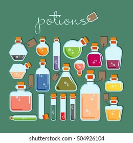 potions vector flat set. bottle with potion.