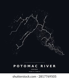 Potomac River drainage basin watershed map, white streams on black, minimalist line art poster and modern wall decor